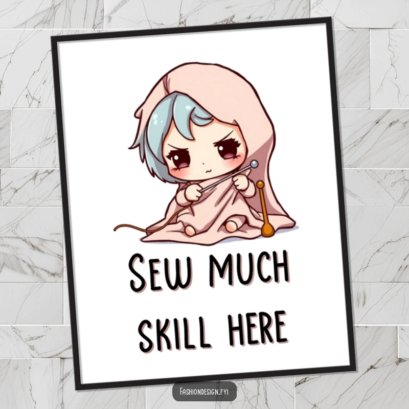 Funny Free Printable Wall Art: Character intently pins fabric with a look of concentration.