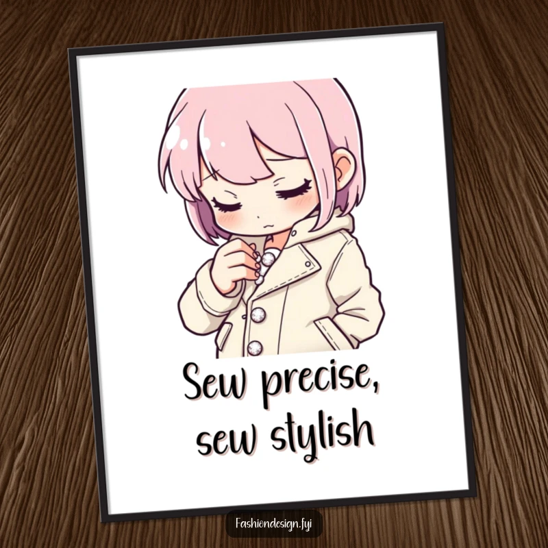 Funny Free Printable Wall Art of a character focused on stitching tiny, sparkling buttons onto a stylish jacket, showcasing craft.