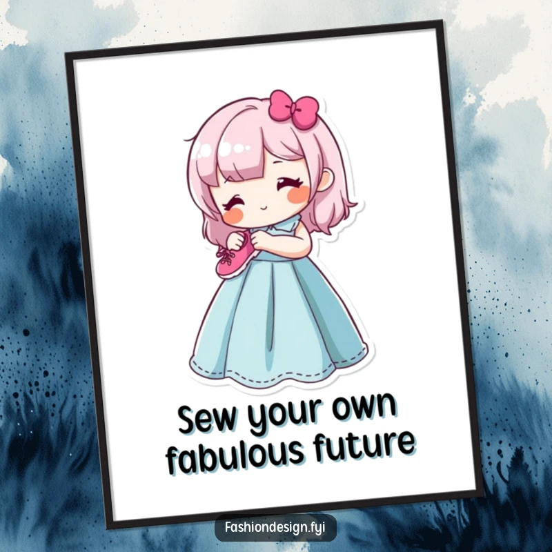 Funny Free Printable Wall Art: Content character happily sews a tiny smiling shoe onto a vibrant dress form, downloadable decor.