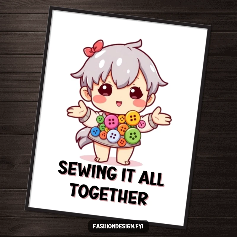 Funny Free Printable Wall Art: Proud character artfully displays a collection of colorful buttons.