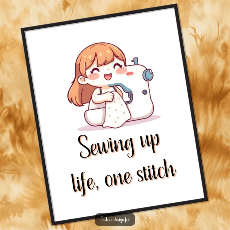 Funny Free Printable Wall Art: Happy character engrossed in using a sewing machine to create a beautiful garment.