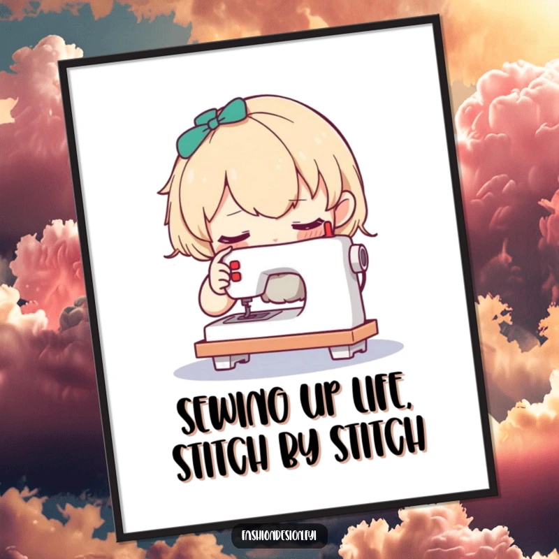 Funny Free Printable Wall Art: A curious character intently examining a very small, detailed sewing machine.