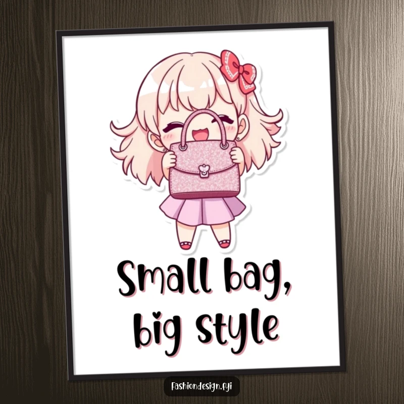 Funny Free Printable Wall Art of a joyful character showing off a perfectly stitched, miniature, glittering handbag, a stylish display.