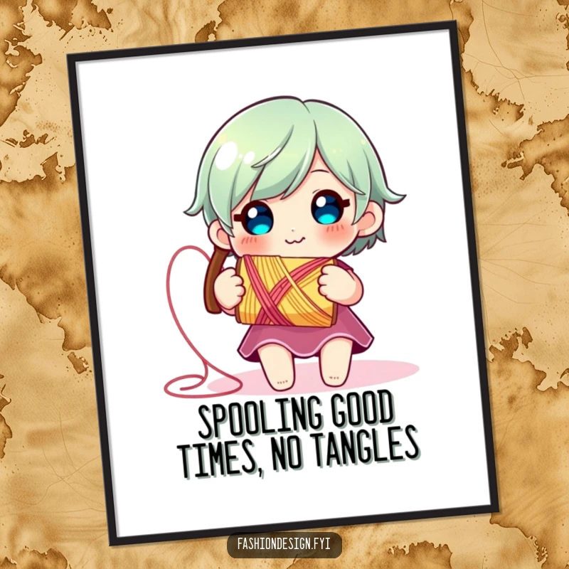 Funny Free Printable Wall Art: Cute character smiles holding a vibrant spool of thread, happily unraveling.