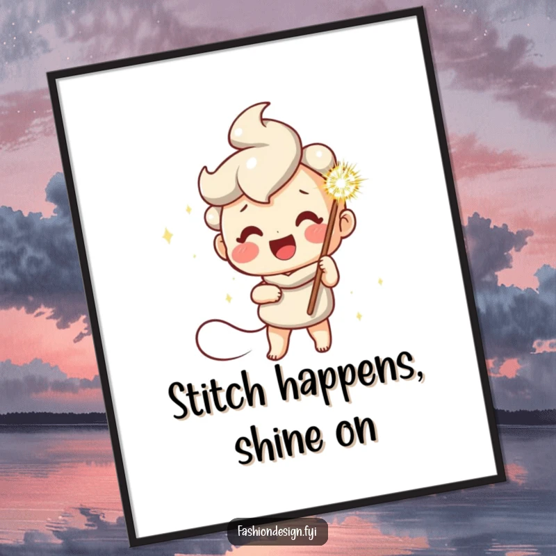 Funny Free Printable Wall Art: A cheerful character holds a giant, sparkling needle with a look of pure joy.