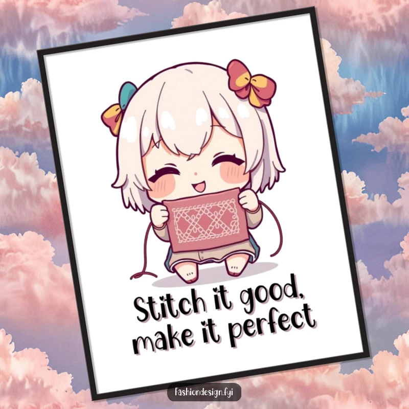 Funny Free Printable Wall Art: Character looking delighted at a delicate, intricate stitch, adding charm to decor.