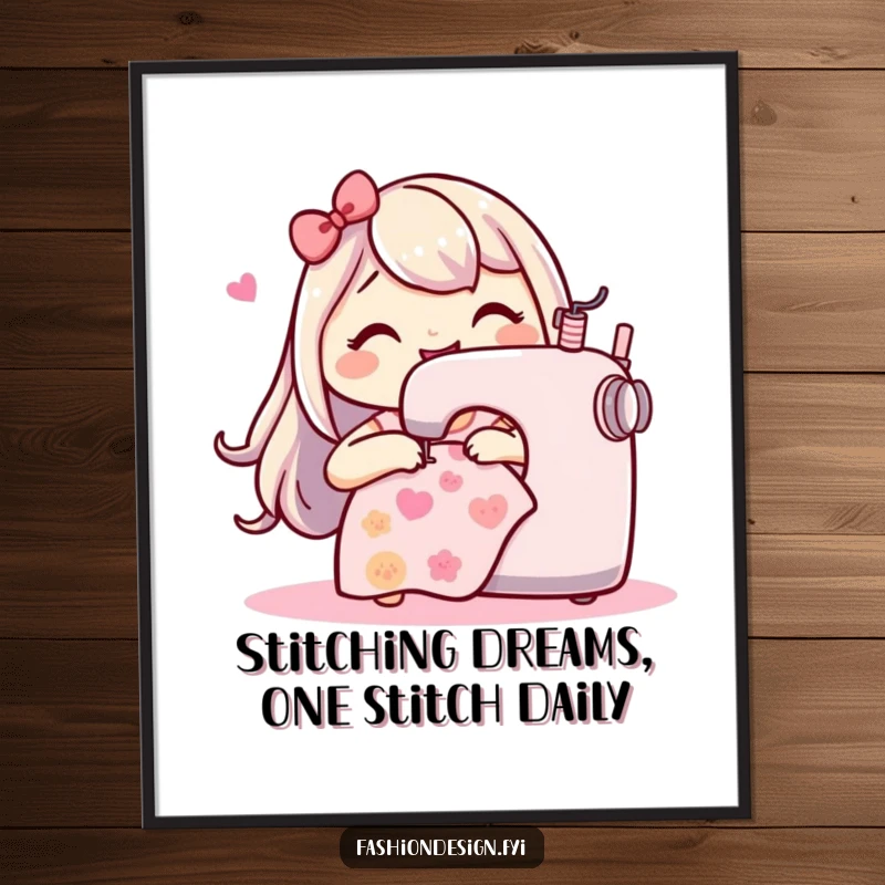 Funny Free Printable Wall Art: Happy character joyfully stitching a playful pattern using a sewing machine.