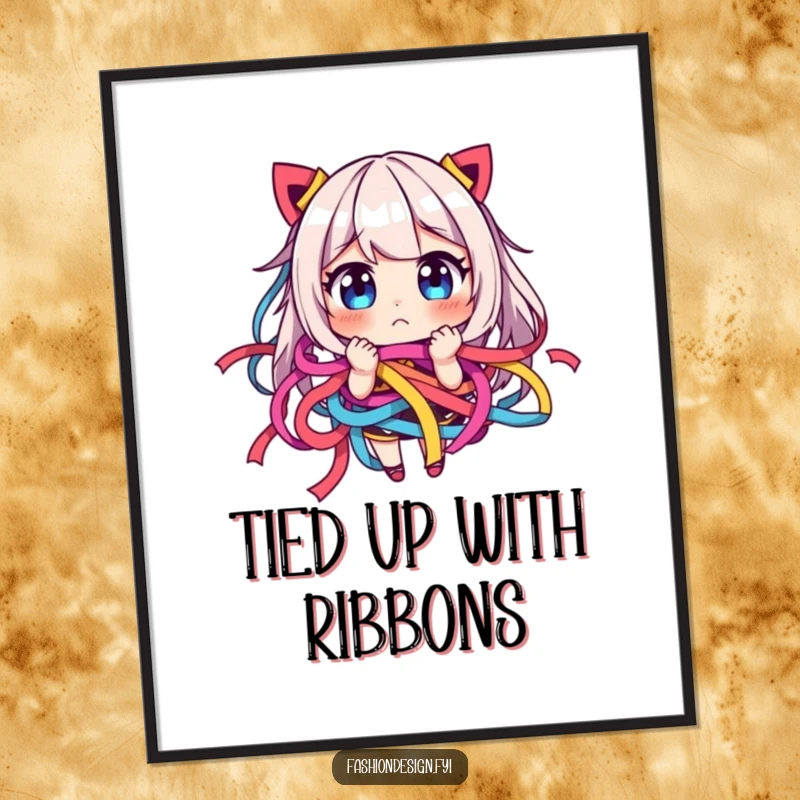 Funny Free Printable Wall Art of a character comically bound in colorful ribbons, exuding playful frustration.
