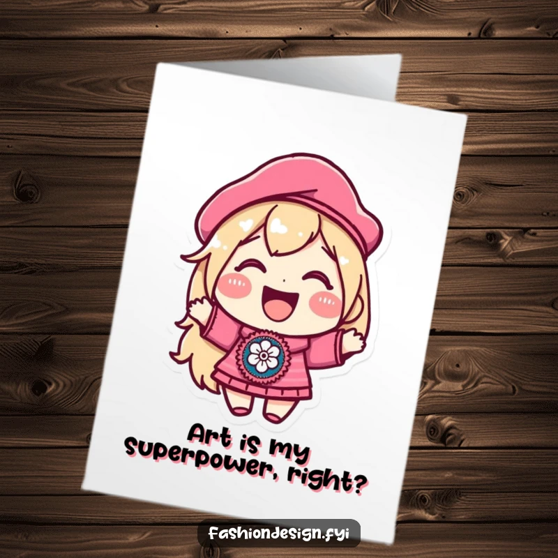 Funny Free Printable Birthday Card featuring a joyful character with a beret showing off an embroidered patch, perfect for a stylish celebration.