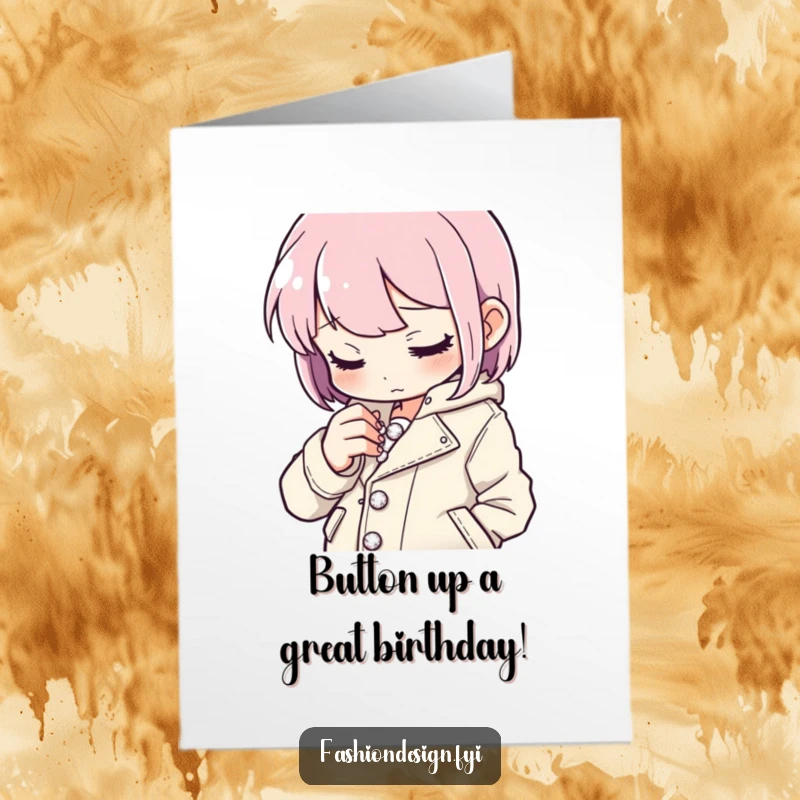 Funny Free Printable Birthday Card showing a focused character meticulously stitching tiny sparkling buttons onto a stylish jacket.