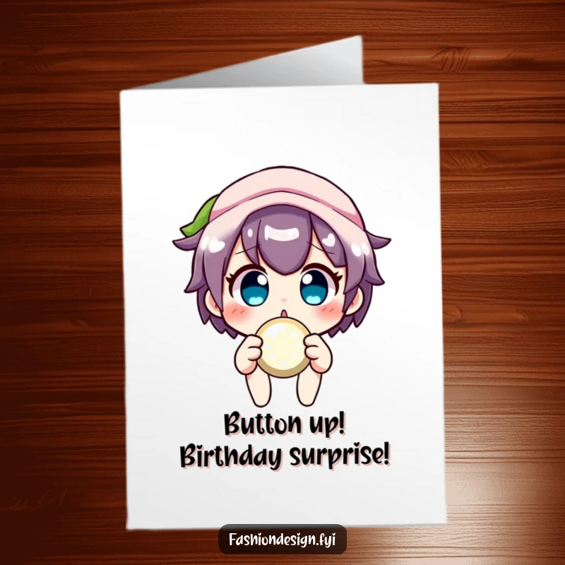 Funny Free Printable Button Birthday Card: Surprised character holds a sparkly button, a dazzling downloadable for celebration.
