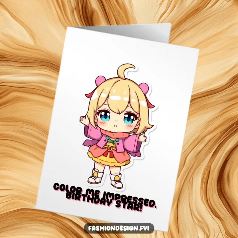 Funny Free Printable Birthday Card: Character proudly displaying a colorful, unique outfit for a birthday celebration.