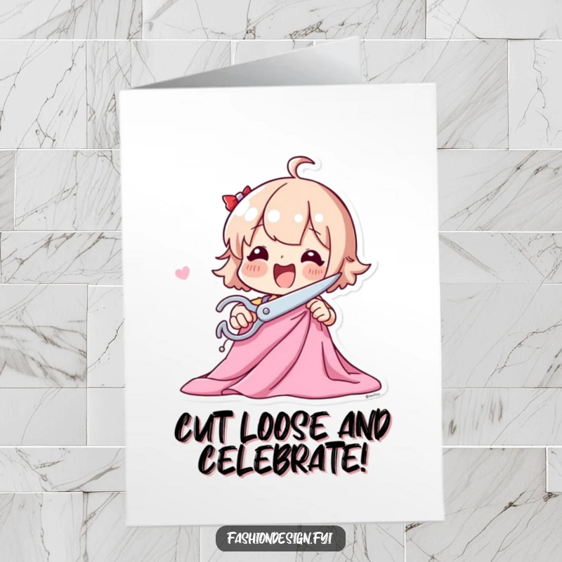 Funny Free Printable Birthday Card: Playful character excitedly cutting fabric with large scissors, ready for a crafty celebration.