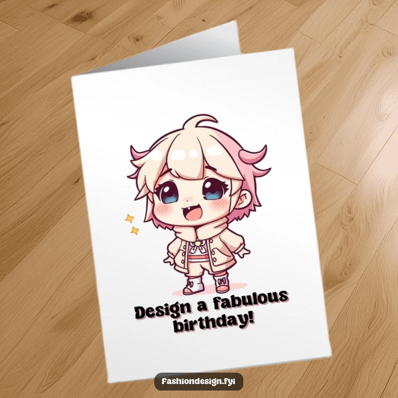 Funny Free Printable Birthday Card: A giggling designer enthusiastically sketches a comically wacky outfit.