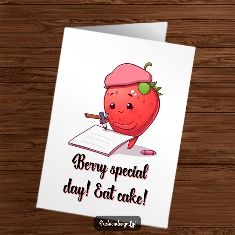 Funny Free Printable Birthday Card: Plump strawberry in beret dramatically sketches on notepad.