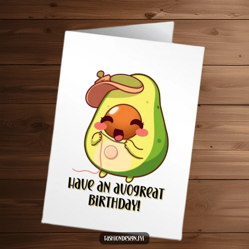 Funny Free Printable Birthday Card: Surprised avocado sews a button onto a tiny hat.