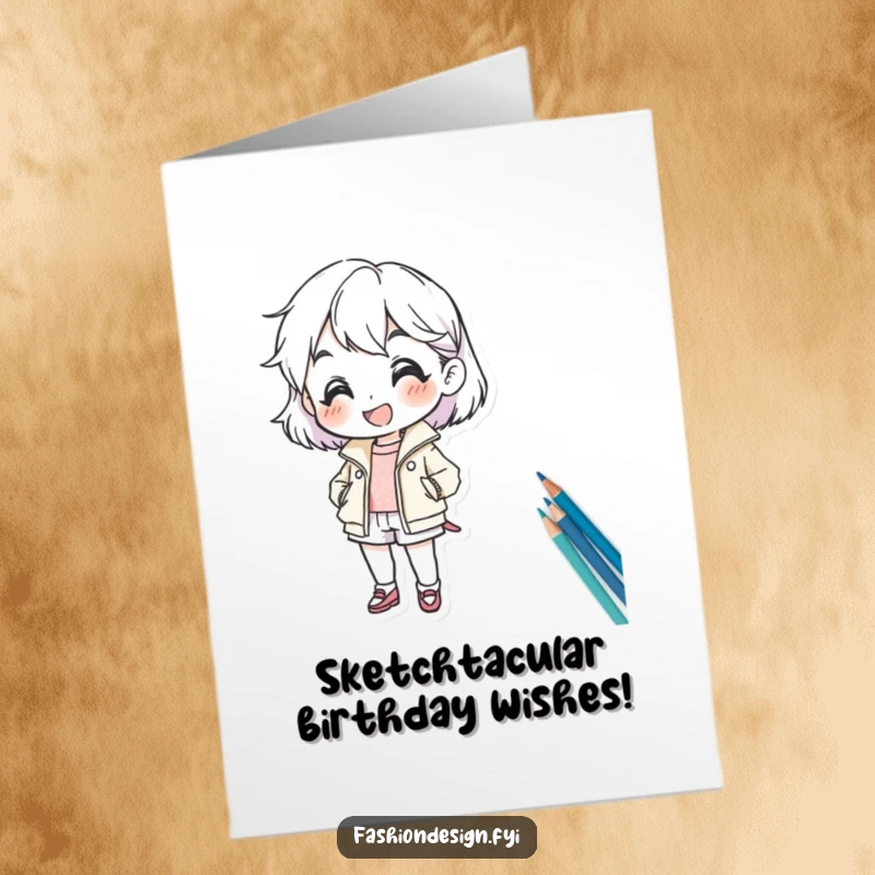 Funny Free Printable Birthday Card: Cheerful character enthusiastically sketching a stylish fashion design, a perfect DIY gift.