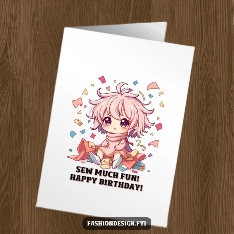 Funny Free Printable Birthday Card: Character in creative chaos with flying fabric, a humorous birthday greeting.