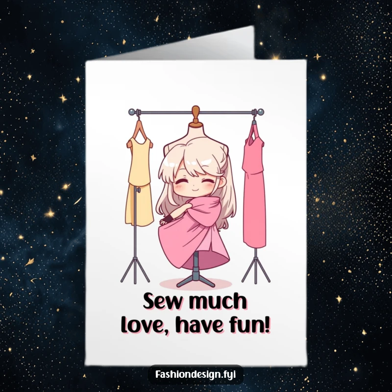 Funny Free Printable Birthday Card: Determined character expertly drapes fabric on a mannequin, ready for fashion greatness. DIY gift.