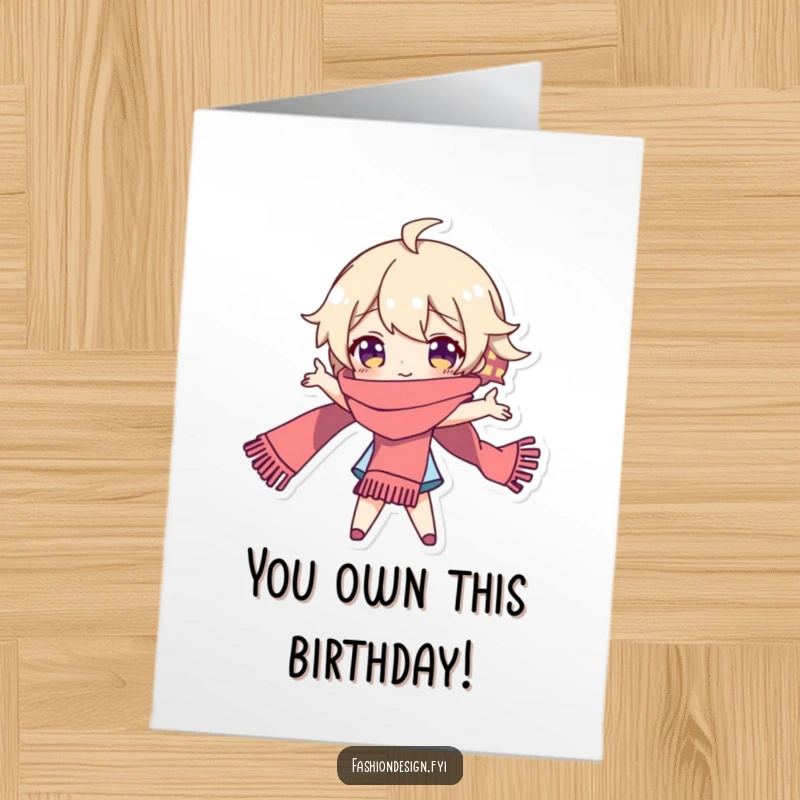 Funny Free Printable Birthday Card featuring a playful character striking a pose with a long, flowing scarf.