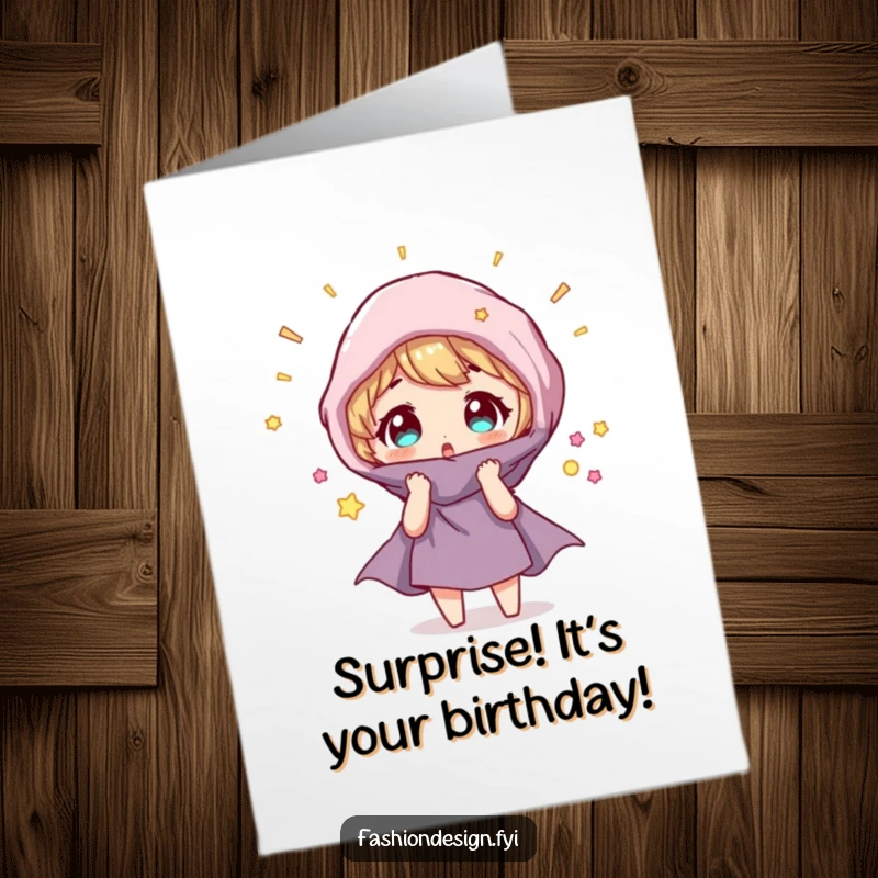 Funny Free Printable Birthday Card: Character surprised as fabric swatch magically transforms, celebrating a birthday.