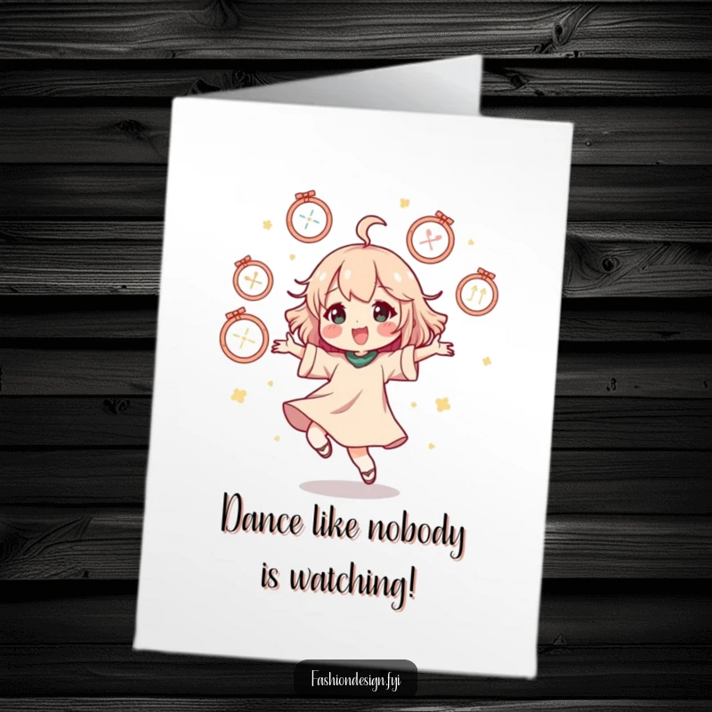 Funny Free Printable Birthday Card: Character doing a happy dance amidst floating mannequins, a fashion-themed birthday surprise.