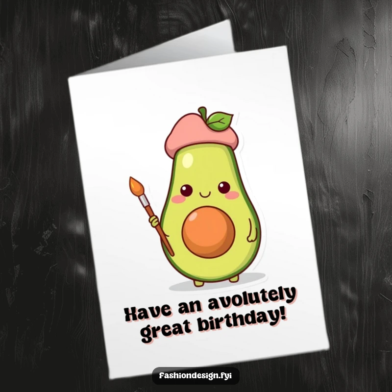 Funny Free Printable Birthday Card: Cheerful avocado in beret with paintbrush, ready to create art and celebrate.
