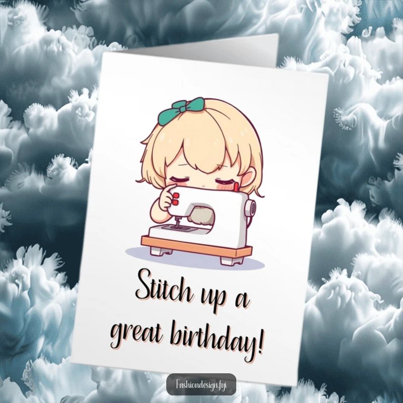 Funny Free Printable Birthday Card: A curious character intently examining a very tiny, intricate sewing machine.