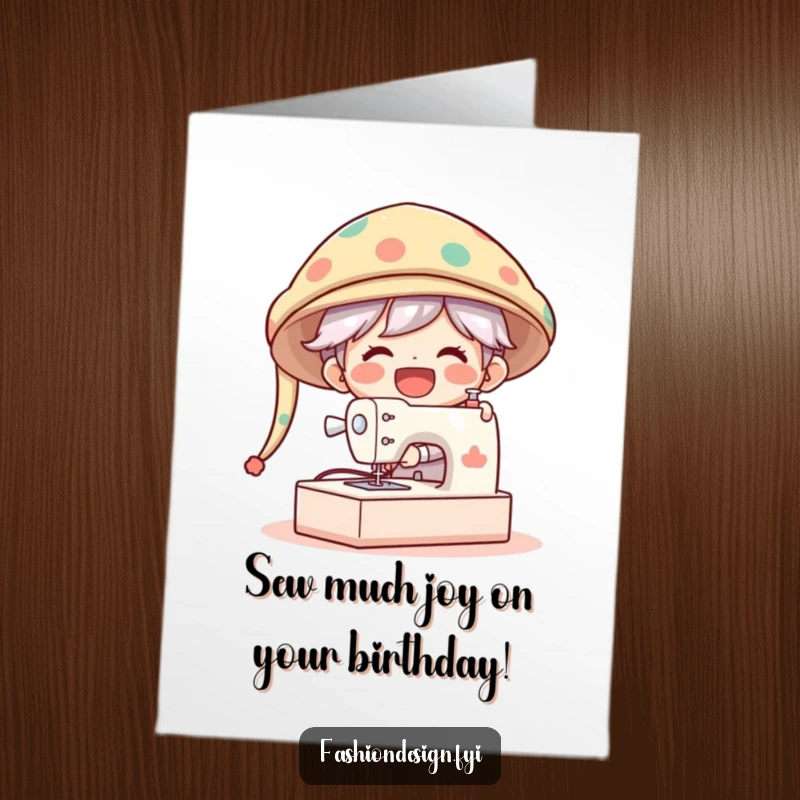 Funny Free Printable Birthday Card: Cheerful character sewing a comically huge, stylish hat with a giant machine.