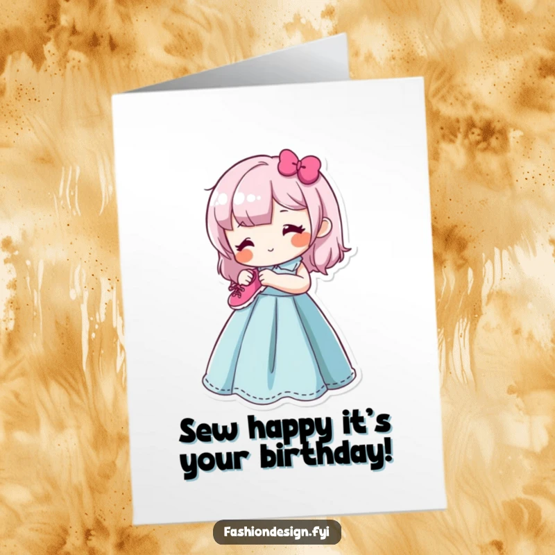 Funny Free Printable Birthday Card: Happy character sews a tiny smiling shoe onto a dress form, ideal for DIY.