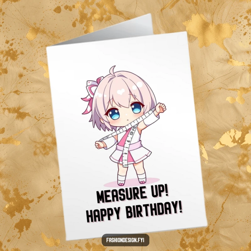 Funny Free Printable Birthday Card: Character posing dramatically with a long measuring tape sash, a humorous greeting.