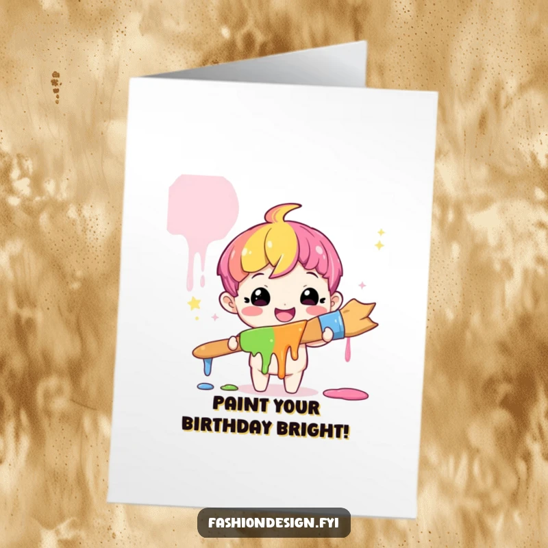 Funny Free Printable Birthday Card: Cute character with amazed smile holds giant paintbrush dripping with rainbow paint.