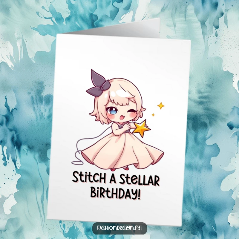 Funny Free Printable Birthday Card: Mischievous character stitches a winking star onto a flowing gown with a large needle.