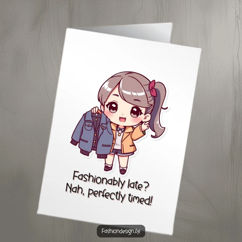 Funny Free Printable Birthday Card: Stylish character holding a fabulous new outfit, excited for a fashion surprise gift.