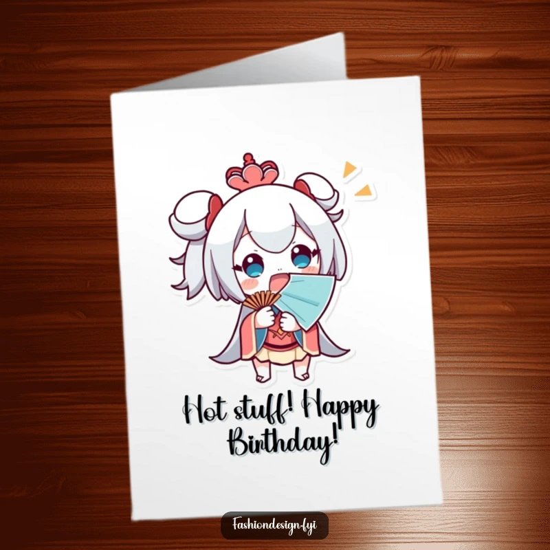 Funny Free Printable Birthday Card of a surprised character fanning themselves wildly with a large fan, overwhelmed with joy.