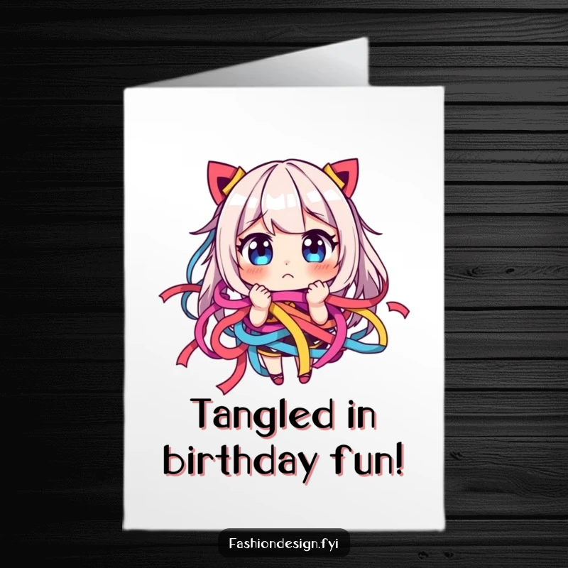 Funny Free Printable Birthday Card showing a character comically tied up in colorful ribbons, looking playfully annoyed.