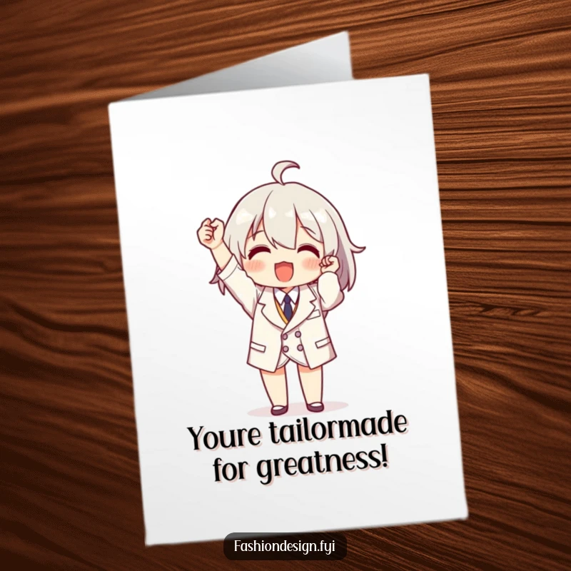 Funny Free Printable Birthday Card: Character proudly holds up a perfectly made tiny tailored garment.