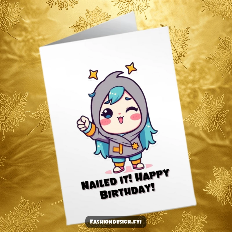 Funny Free Printable Birthday Card featuring a triumphant character confidently pinning fabric, ready to celebrate in style.