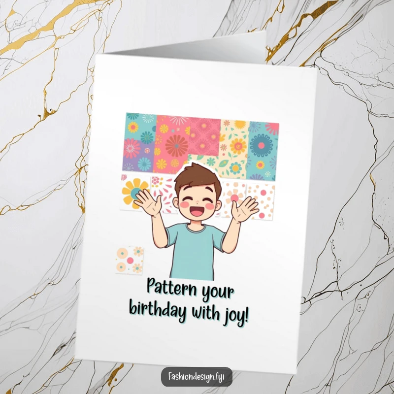 Funny Free Printable Birthday Card: Person enthusiastically gesturing at a vibrant mood board, perfect for a creative DIY gift.