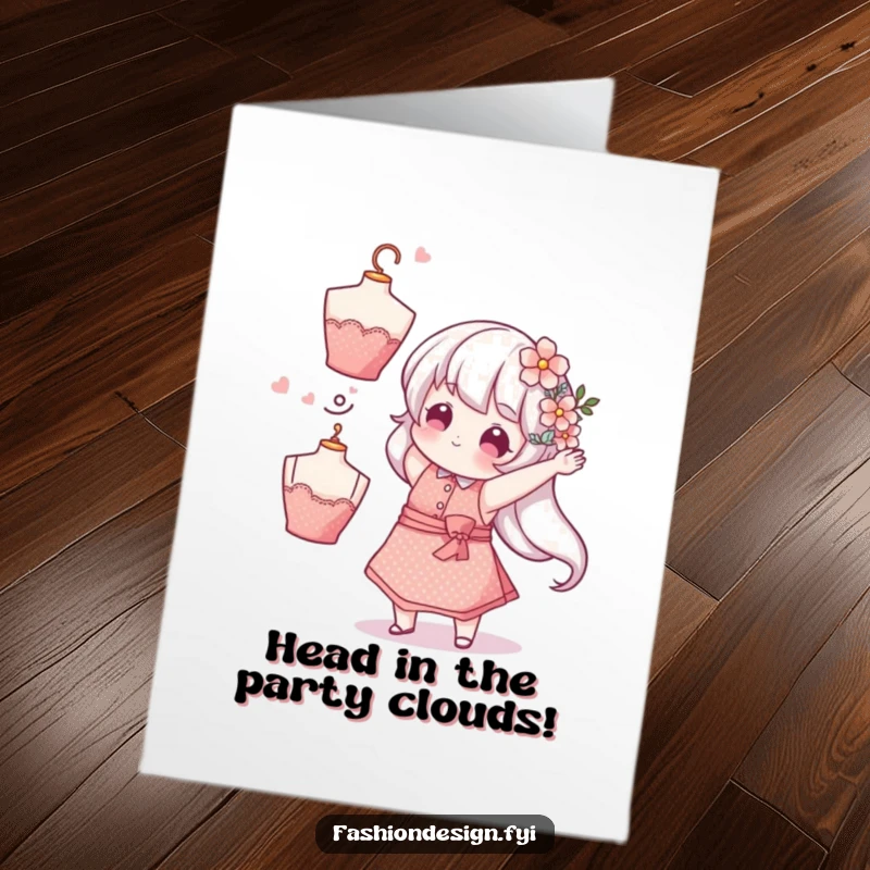 Funny Free Printable Birthday Card: Whimsical character in sparkly apron tosses flowery mannequin head with a playful look.