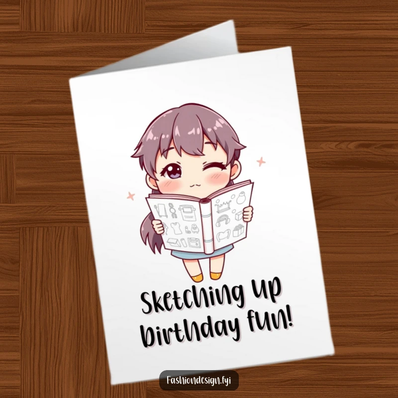 Funny Free Printable Birthday Card featuring a winking character proudly holding a sketchbook brimming with creative designs.
