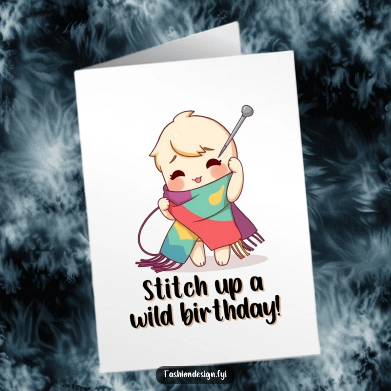 Funny Free Printable Birthday Card showing a playful character using a giant needle to create an exaggerated zig-zag stitch on a scarf.