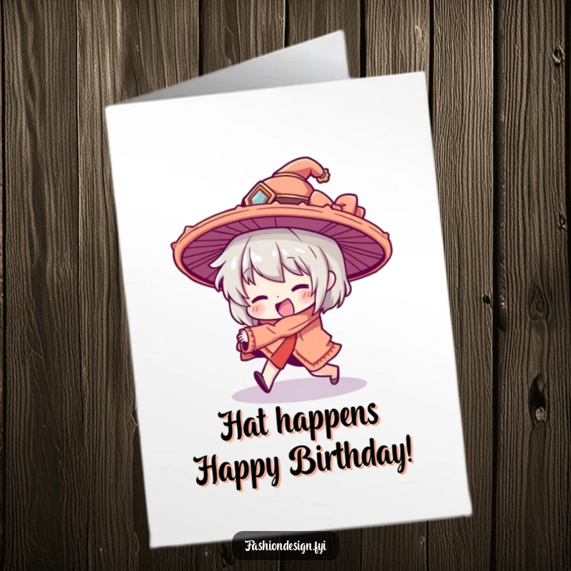 Funny Free Printable Birthday Card: Character comically tripping in an oversized hat, a hilarious downloadable gift.