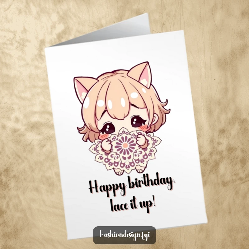 Funny Free Printable Birthday Card of a curious character admiring a complex and beautiful lace pattern.