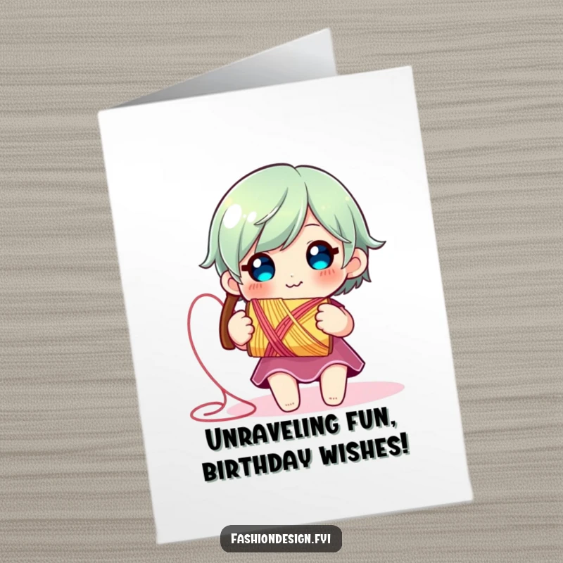 Funny Free Printable Birthday Card: Cute character smiles as a vibrant spool of thread unravels.