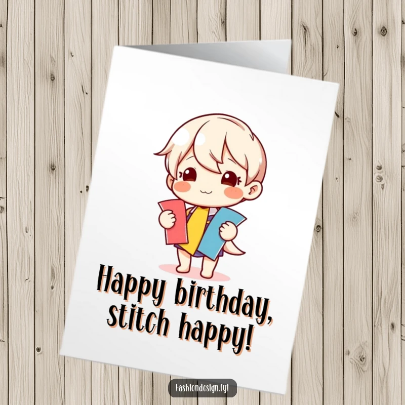 Funny Free Printable Birthday Card showing a happy character enthusiastically selecting vibrant fabric swatches.