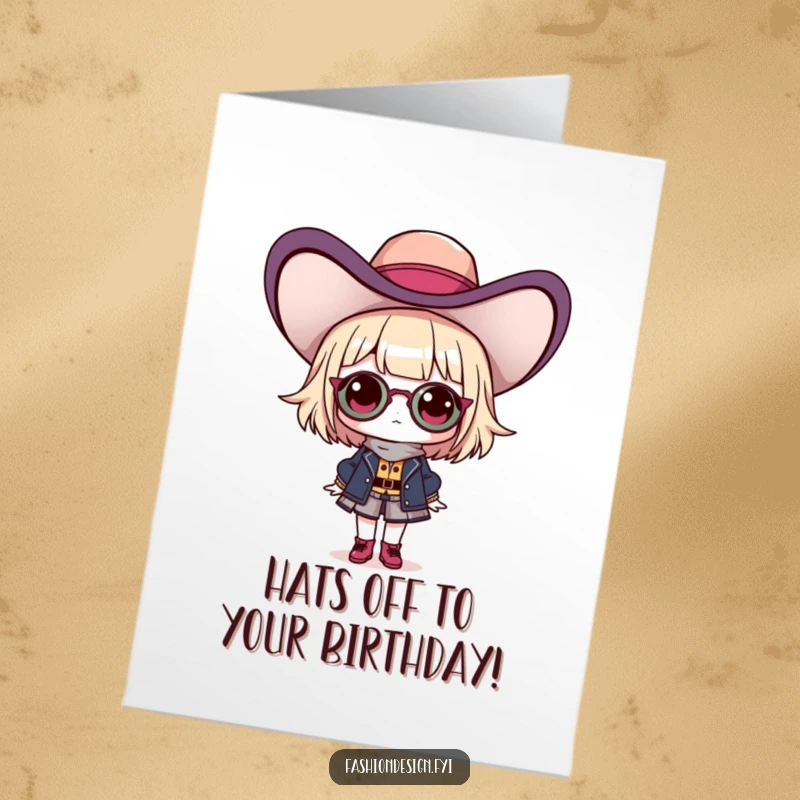 Funny free printable birthday card featuring a proud fashionista character confidently showcasing a ridiculously oversized and flamboyant hat.