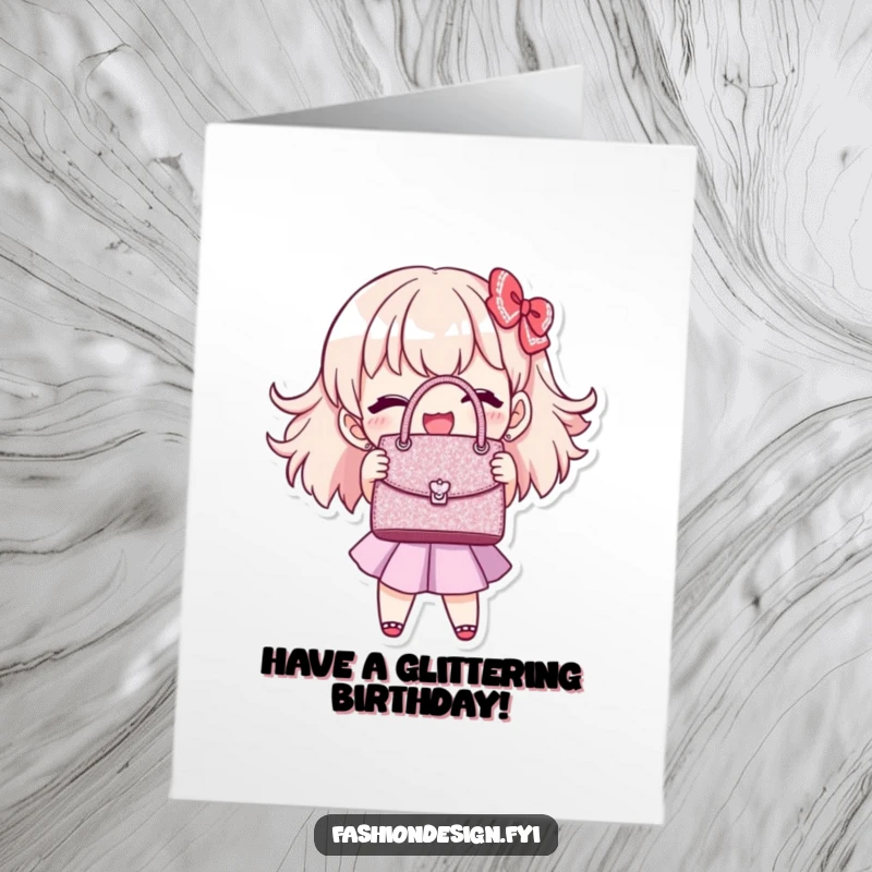 Funny Free Printable Birthday Card featuring a joyful character showing off a perfectly stitched, miniature, glittering handbag.