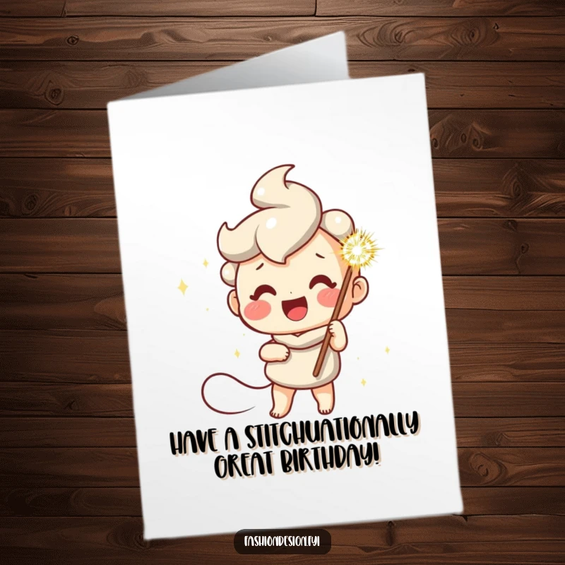 Funny Free Printable Birthday Card: A cheerful character holds a giant, sparkly needle, ready to stitch up some birthday fun.