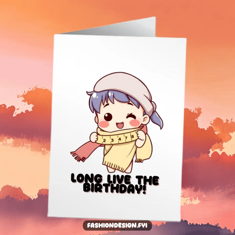 Funny Free Printable Birthday Card: Character humorously measures an impossibly long scarf.